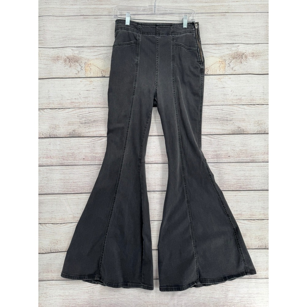 Free People Flare Jeans Women 29 Black Side Zip High Rise Bell Bottom OB988501
